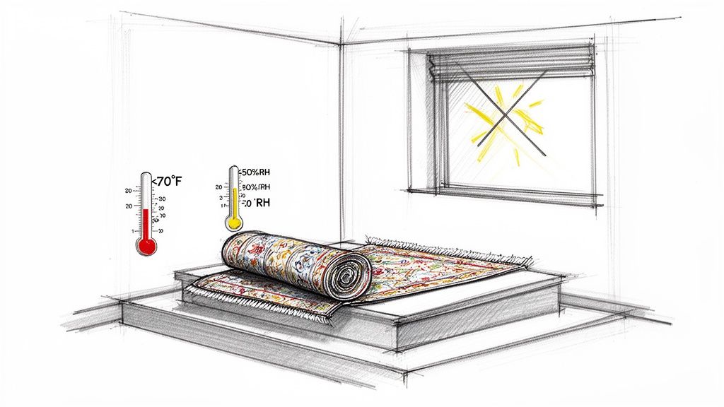 A sketch illustrating the ideal conditions for storing oriental rugs, including temperature, humidity, and protection from sunlight.