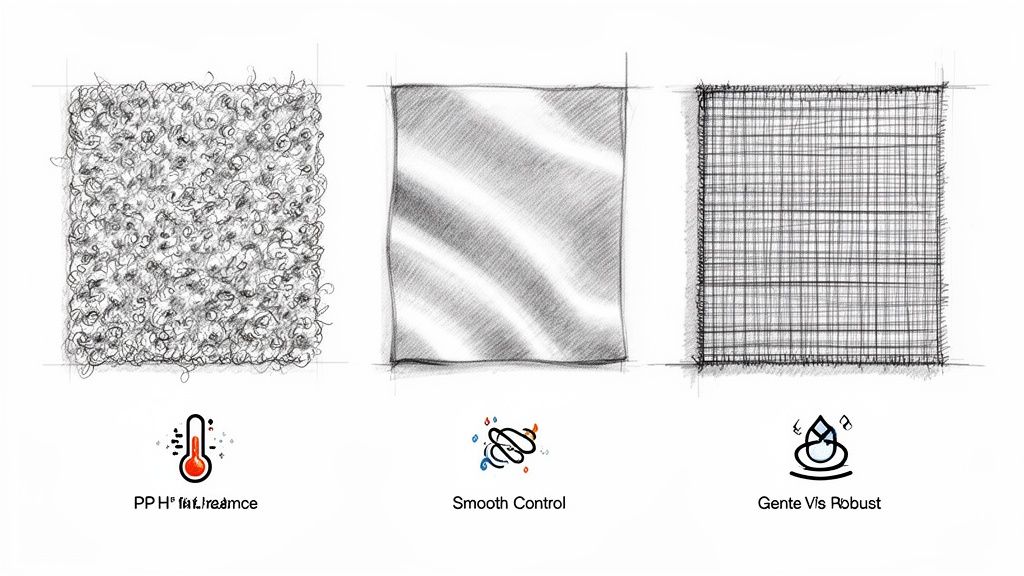 Three hand-drawn illustrations display fabric textures: curly, smooth, and woven, with property icons.