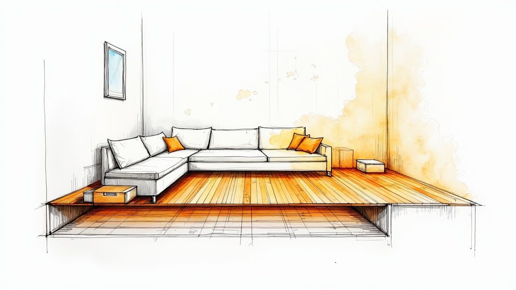 Technician installing radiant floor heating tubes on a subfloor