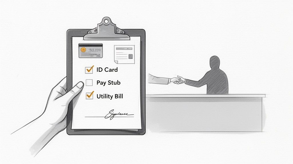 A hand holds a clipboard with a checklist for documents, showing ID Card and Utility Bill checked, while two people shake hands.