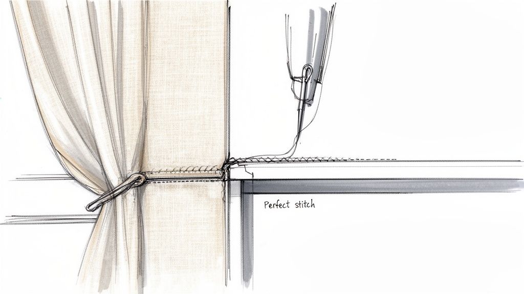 Detailed sketch illustrating a needle creating perfect stitches along the top of a window curtain.