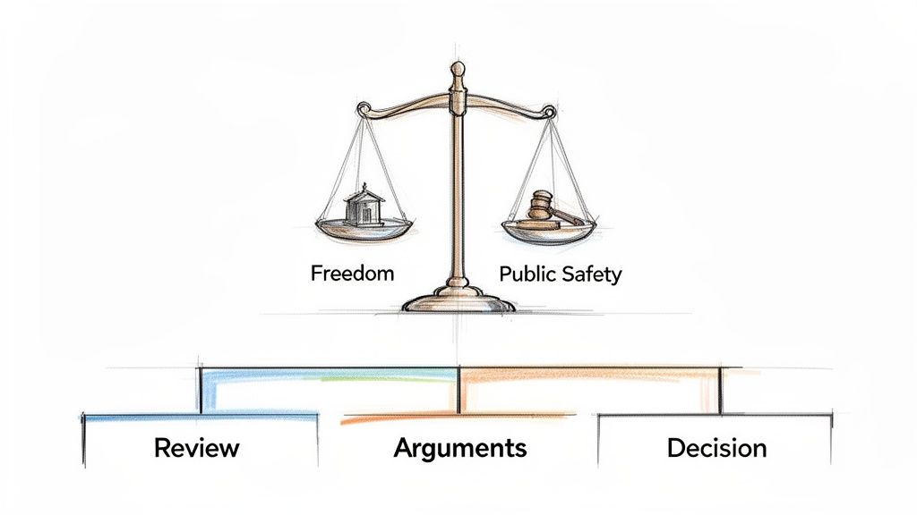 A drawing of a justice scale balancing freedom and public safety, above a legal process flowchart.