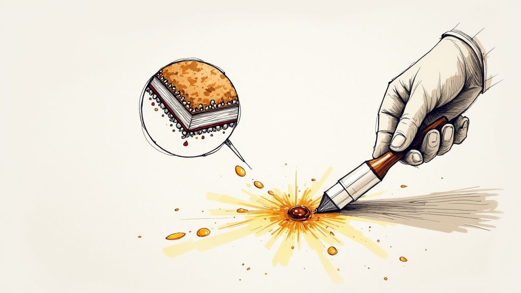 A hand holds a brush, cleaning a spill, revealing the intricate layers of an oriental rug.