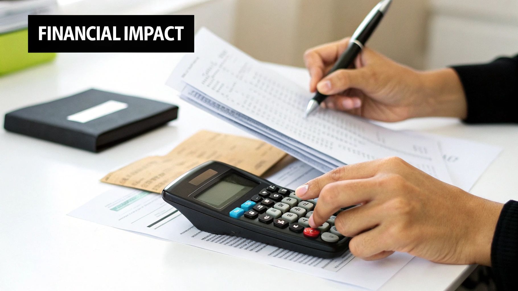 Close-up of hands calculating financial impact with a calculator, pen, and papers.