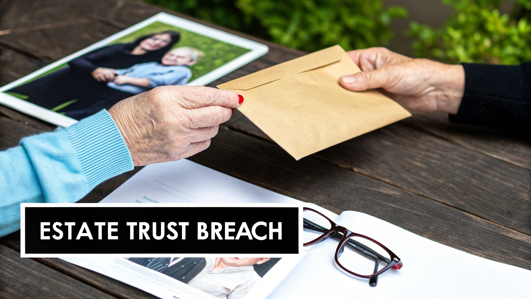 Elderly hands exchange a brown envelope on a wooden table with a family photo and papers, text 'ESTATE TRUST BREACH'.