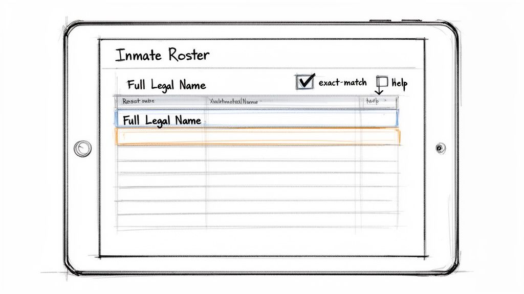 Sketch of a tablet displaying an inmate roster search interface with an 'exact-match' checkbox.