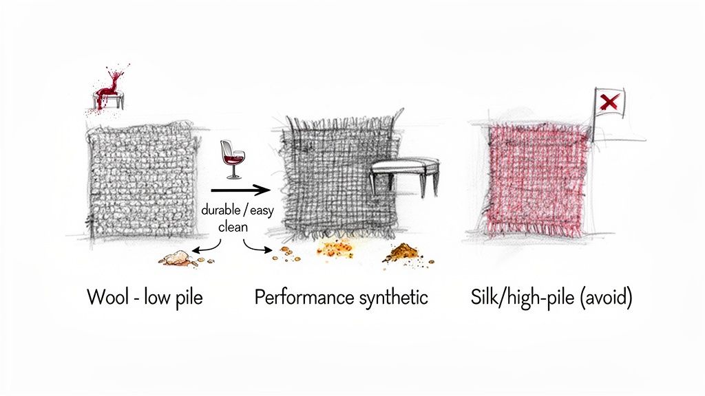 A visual guide comparing wool, synthetic, and silk rugs, illustrating durability, cleanability, and suitability for dining areas.