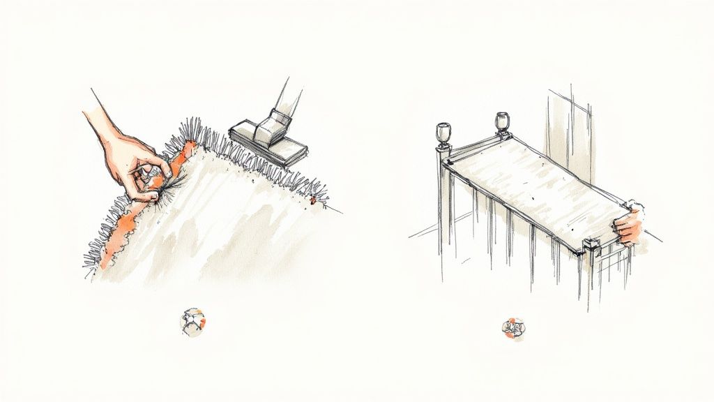 Illustrations demonstrating rug care, showing a hand cleaning fringe, vacuuming, and airing a rug.
