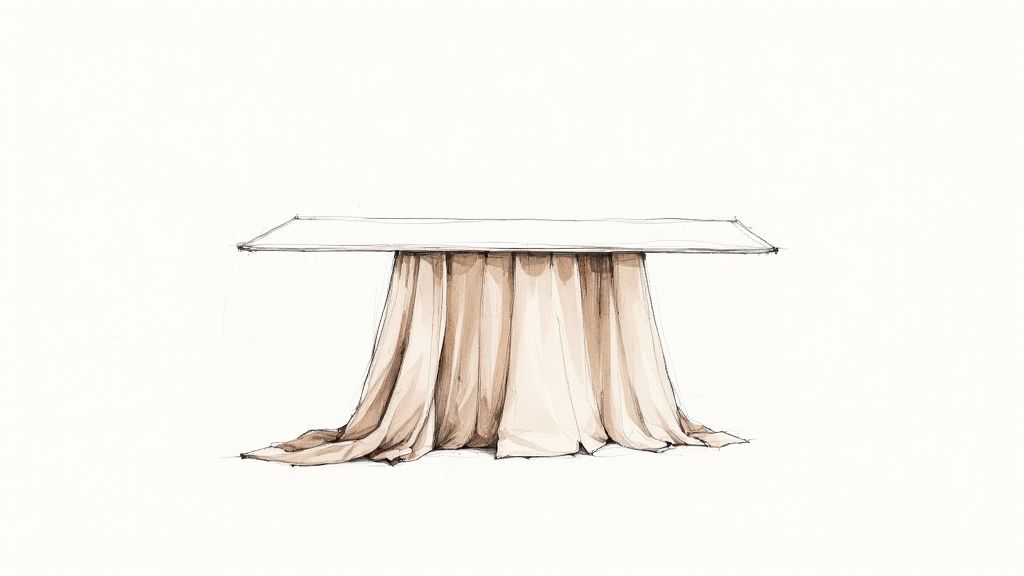 A minimalist sketch of a table draped with a light brown tablecloth pooling on the floor.