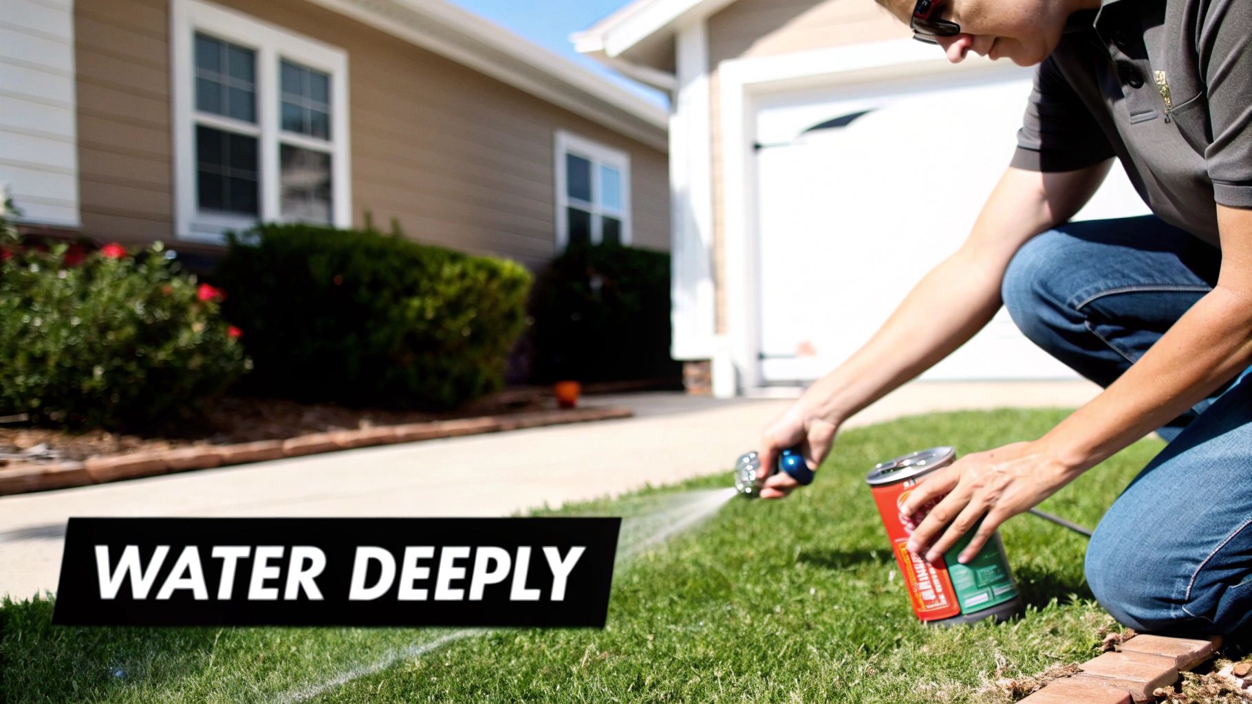 A person kneels, watering a green lawn with a hose attachment and holding a product container.