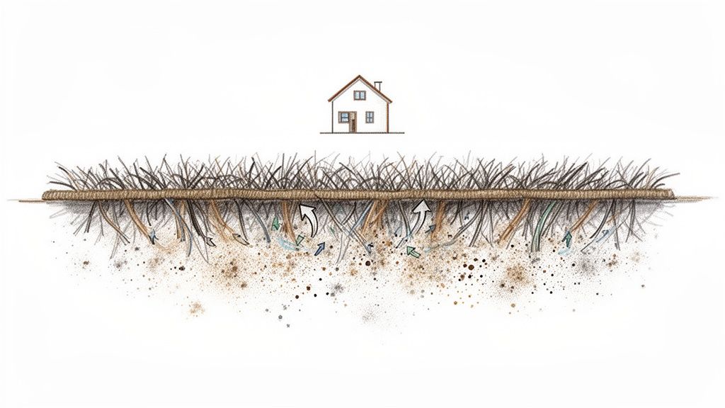 Detailed illustration showing a cross-section of soil, grass roots, water flow, and a small house.