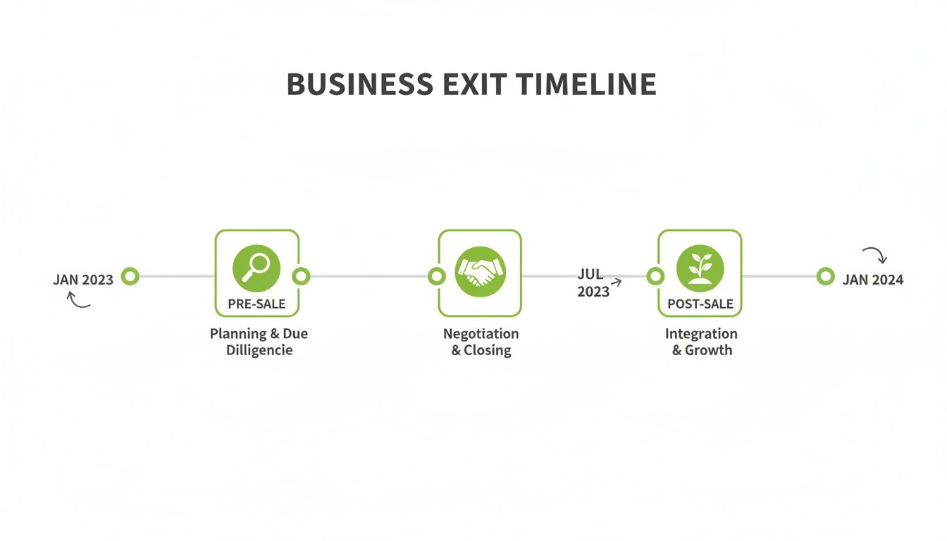 A business exit timeline from January 2023 to January 2024, detailing pre-sale, negotiation, and post-sale stages.