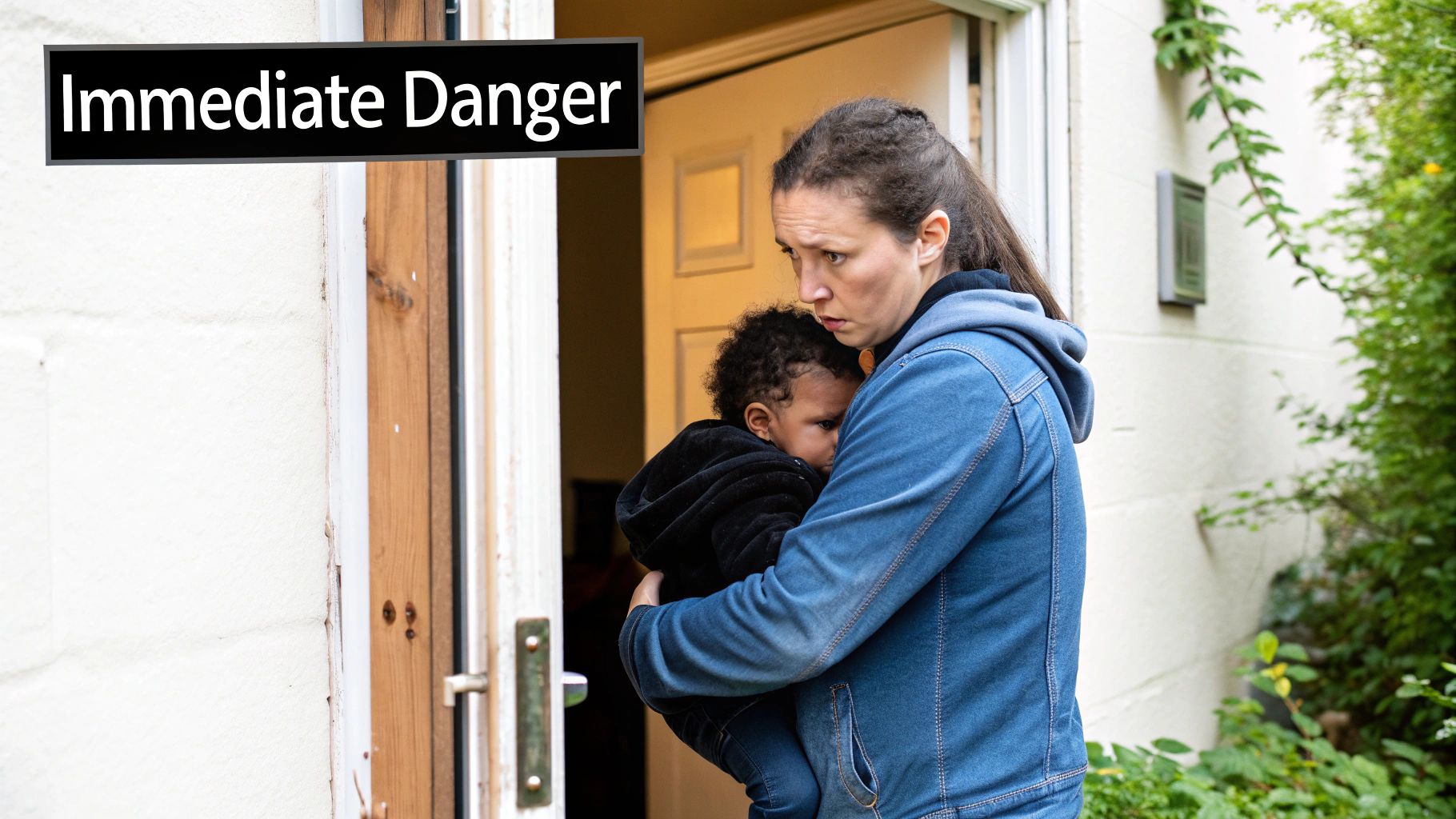 A worried woman holds a young child near an open door with an "Immediate Danger" warning.