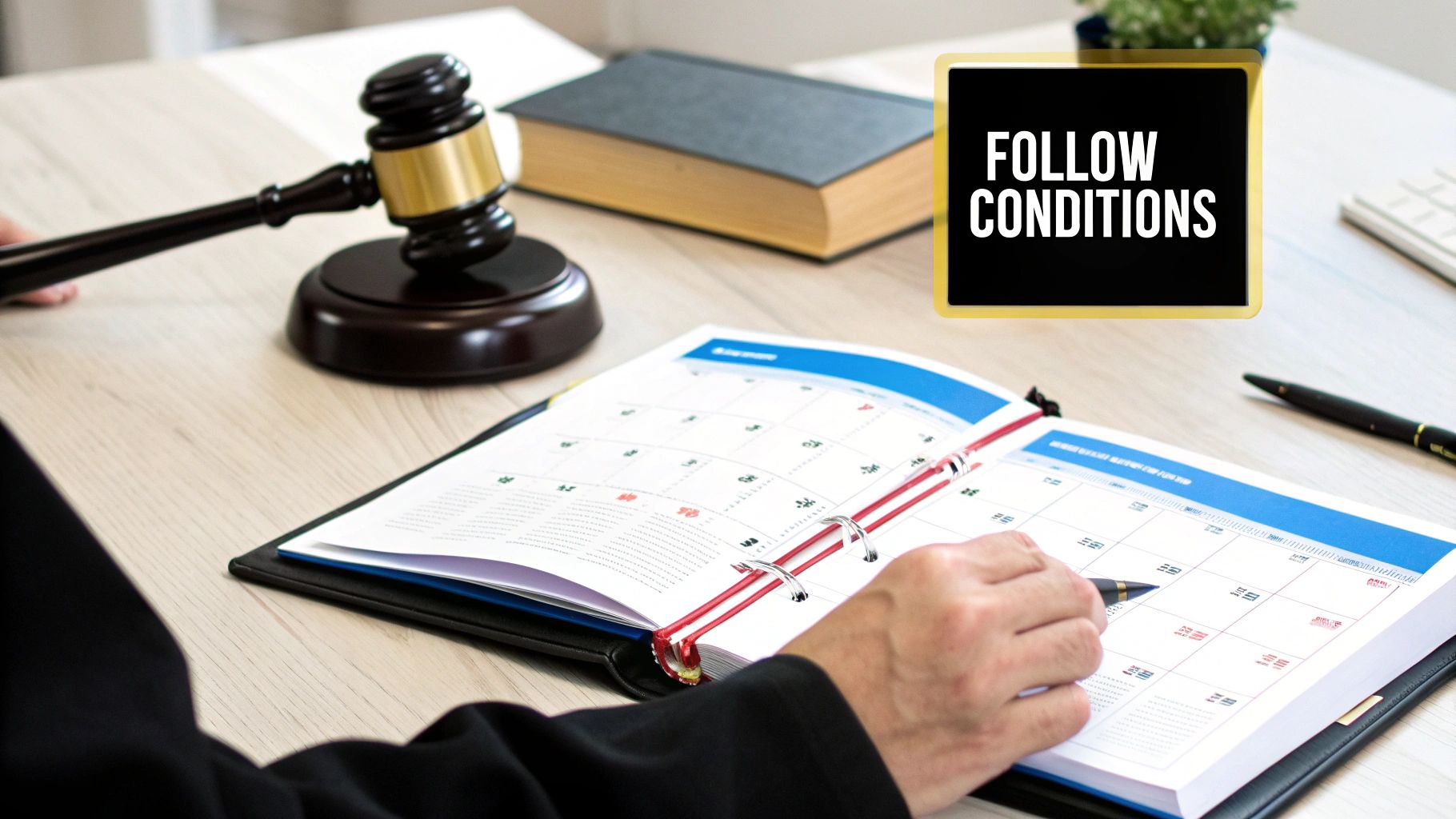 A hand marks a calendar at a desk with a gavel, law book, and 'FOLLOW CONDITIONS' sign.