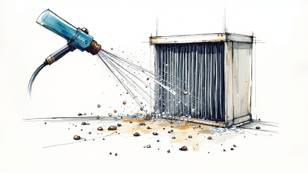 Image of an HVAC technician cleaning the coils of a commercial HVAC unit.