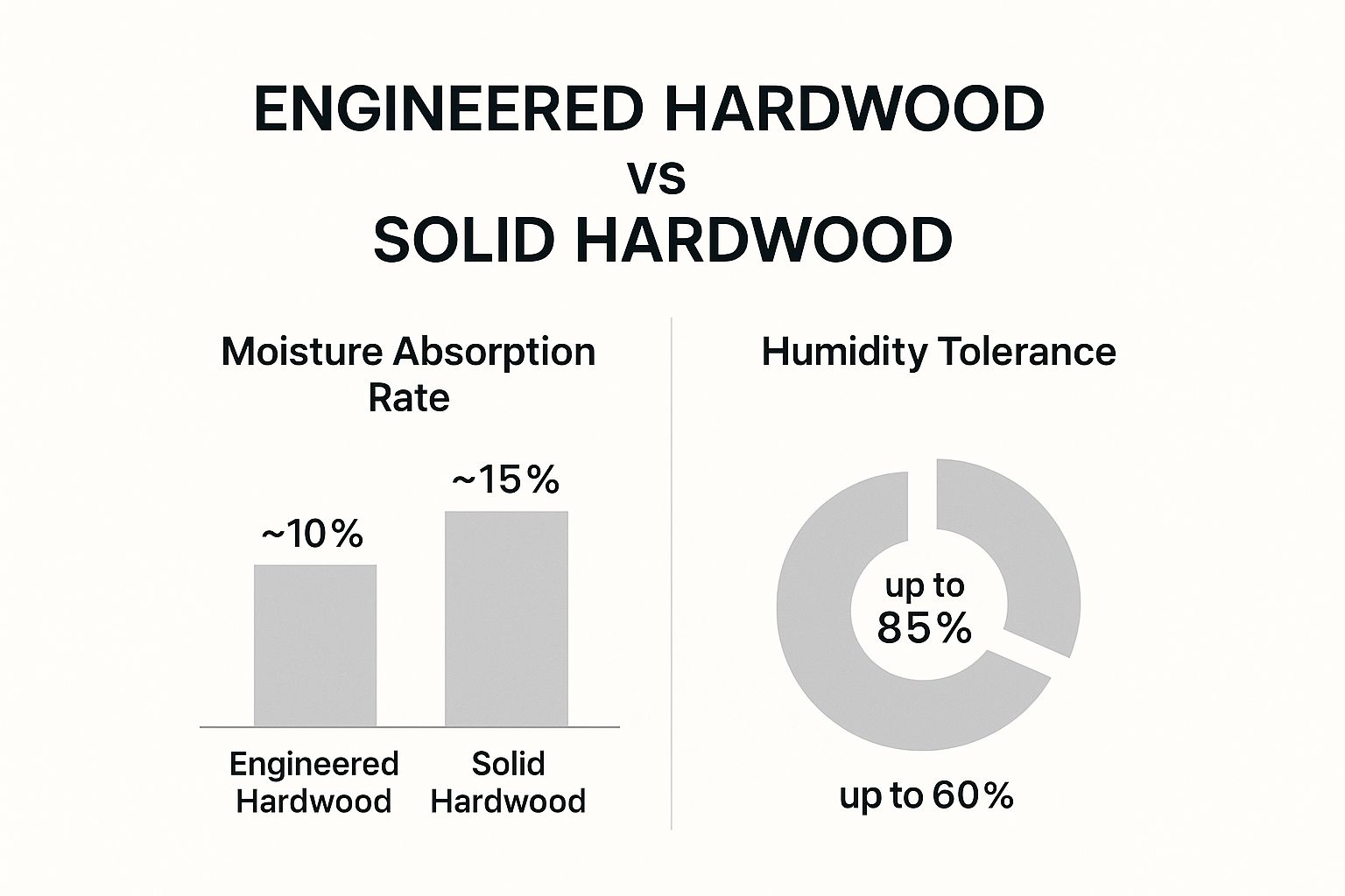 Infographic comparing moisture absorption and humidity tolerance between engineered and solid hardwood.