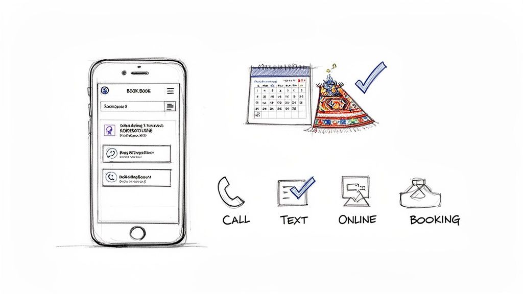 A sketch showing a mobile app for booking services, with icons for call, text, online, and booking methods.