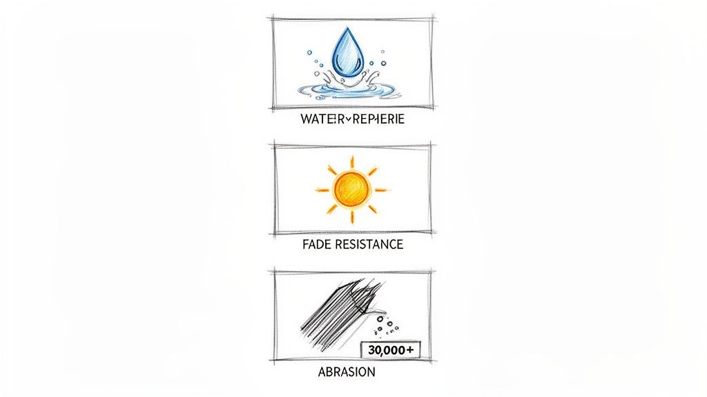 Sketches illustrating water repellence, fade resistance, and over 30,000 abrasion resistance cycles for fabric.