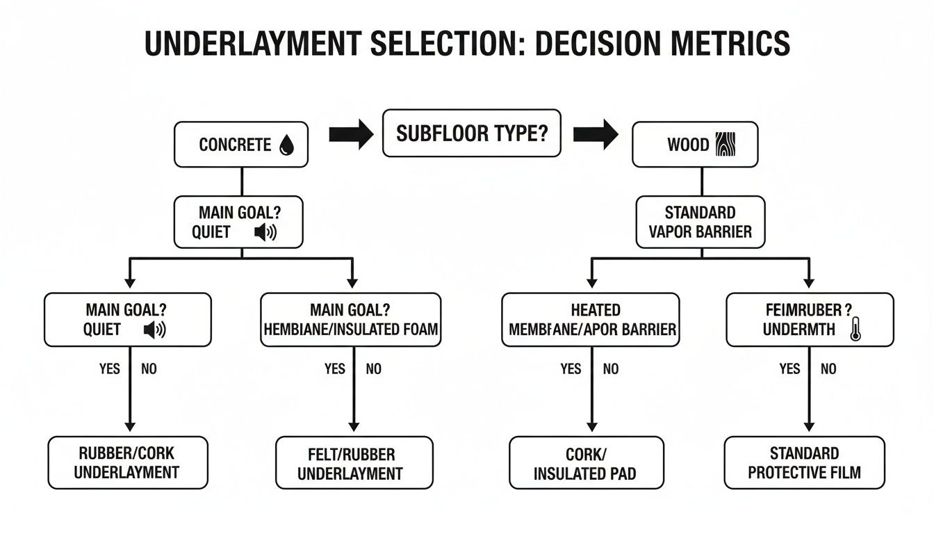 Decision flowchart for underlayment selection, considering subfloor type (concrete, wood) and goals like sound, insulation, or vapor barrier.