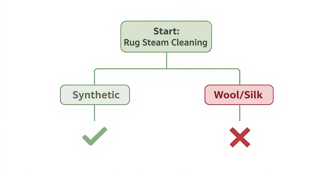 Flowchart showing rug steam cleaning is suitable for synthetic rugs, but not for wool/silk.