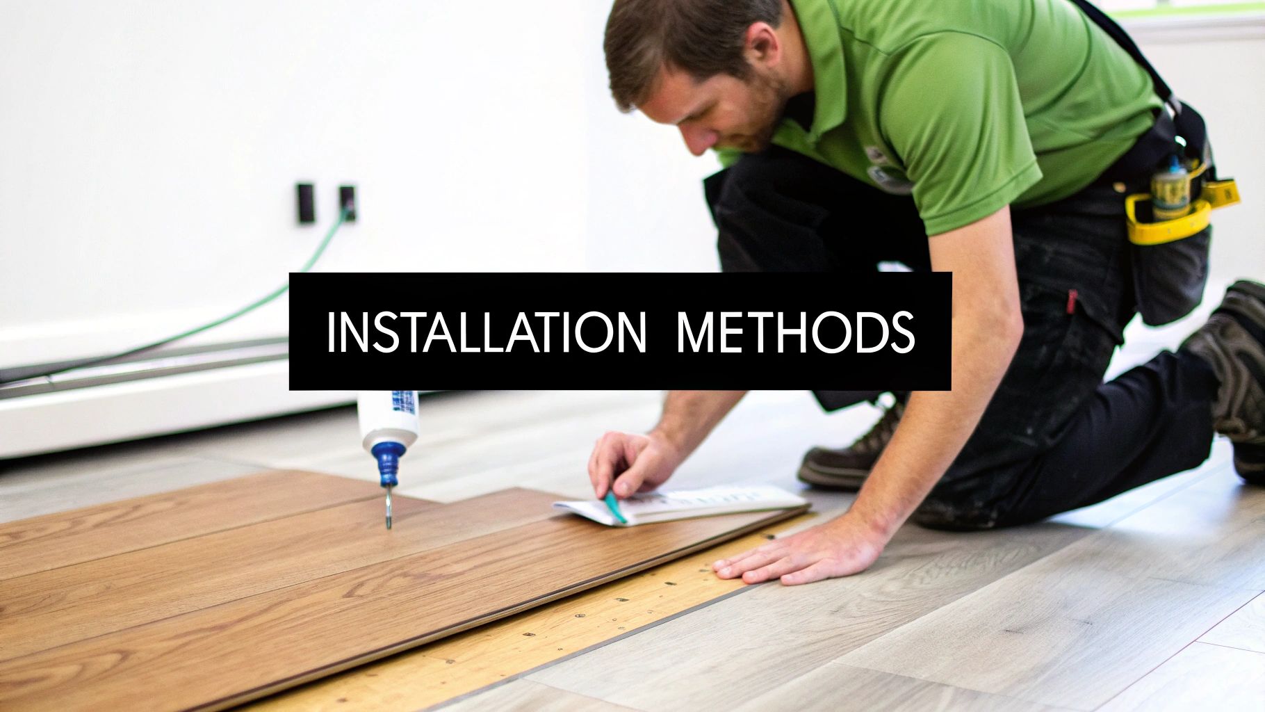 A man kneels on a light-colored floor, installing engineered hardwood planks with tools and glue.