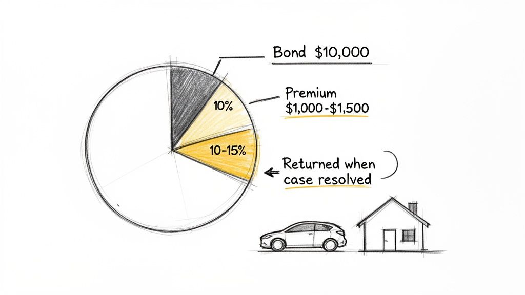 Pie chart detailing a $10,000 bond, showing premium, returnable portion, and collateral examples.