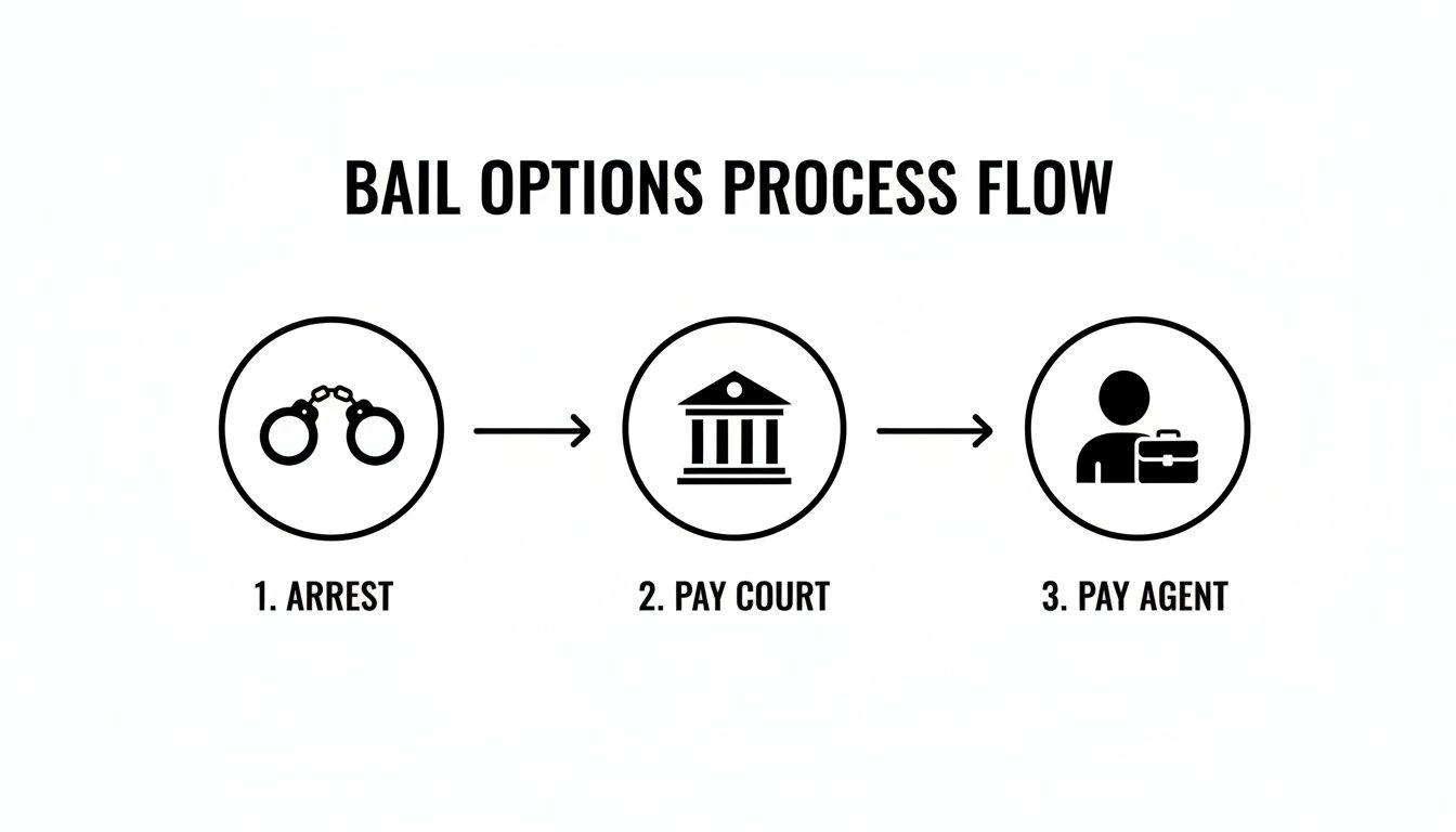 A process flow diagram illustrating bail options: arrest, paying court, and paying a bail agent.