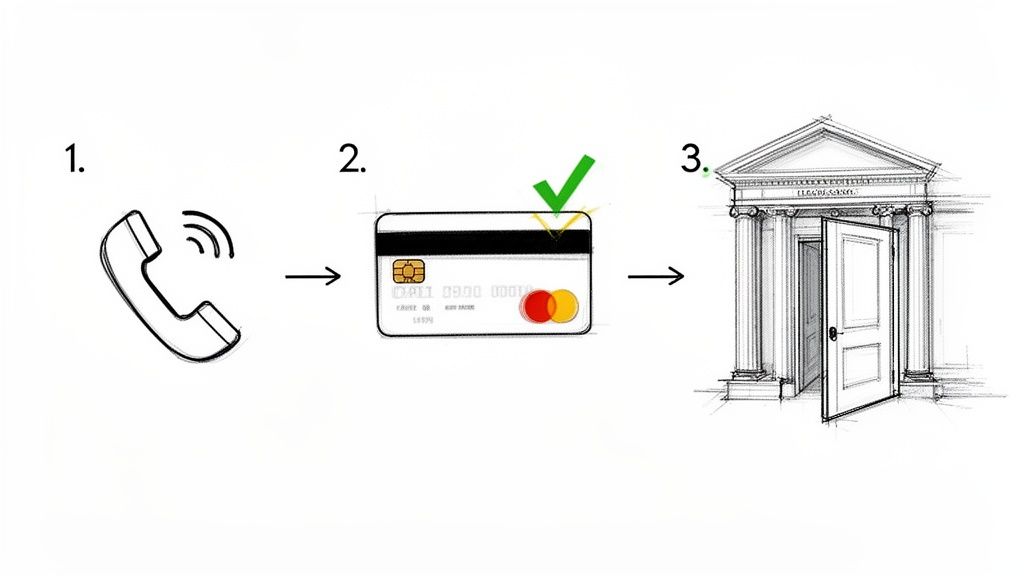 Diagram showing a phone call, credit card payment accepted, and entry into a classical building.