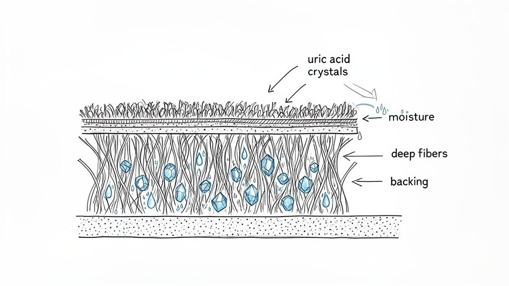 Cross-section illustrating uric acid crystals and moisture trapped deep within rug fibers and backing.