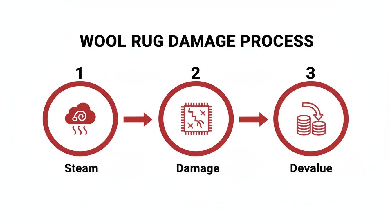 A diagram illustrating the wool rug damage process: steam leads to damage, which causes devaluation.