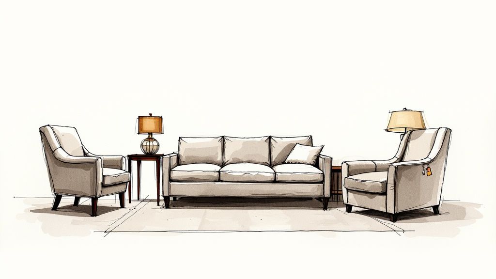 Unique consignment furniture and home décor displayed in a well-lit showroom.