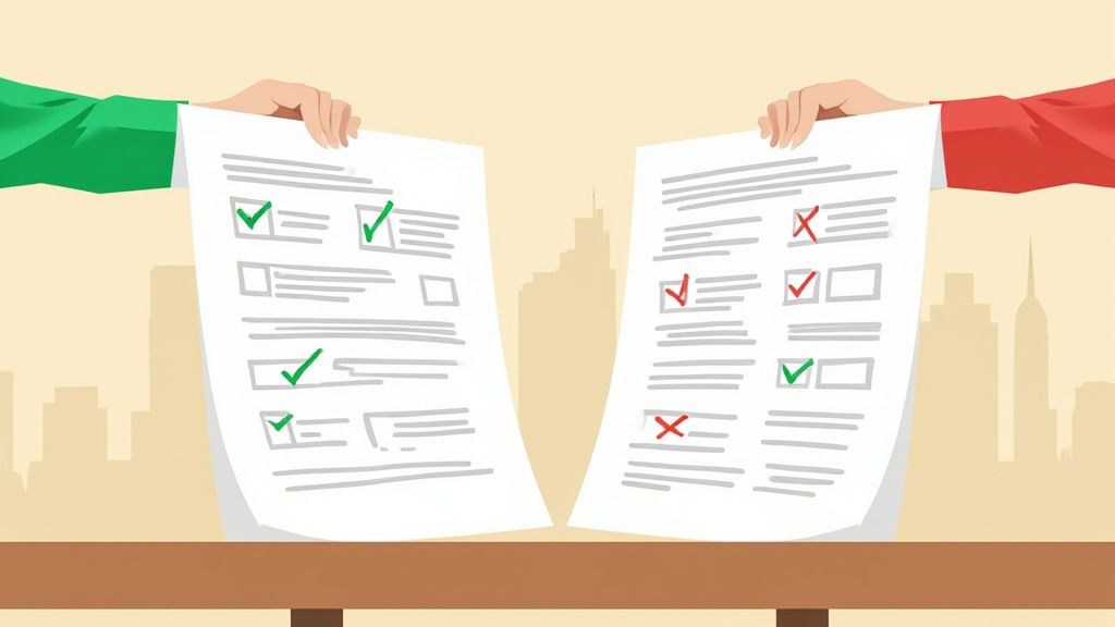 A person carefully reviewing and comparing several construction bids on a wooden desk.