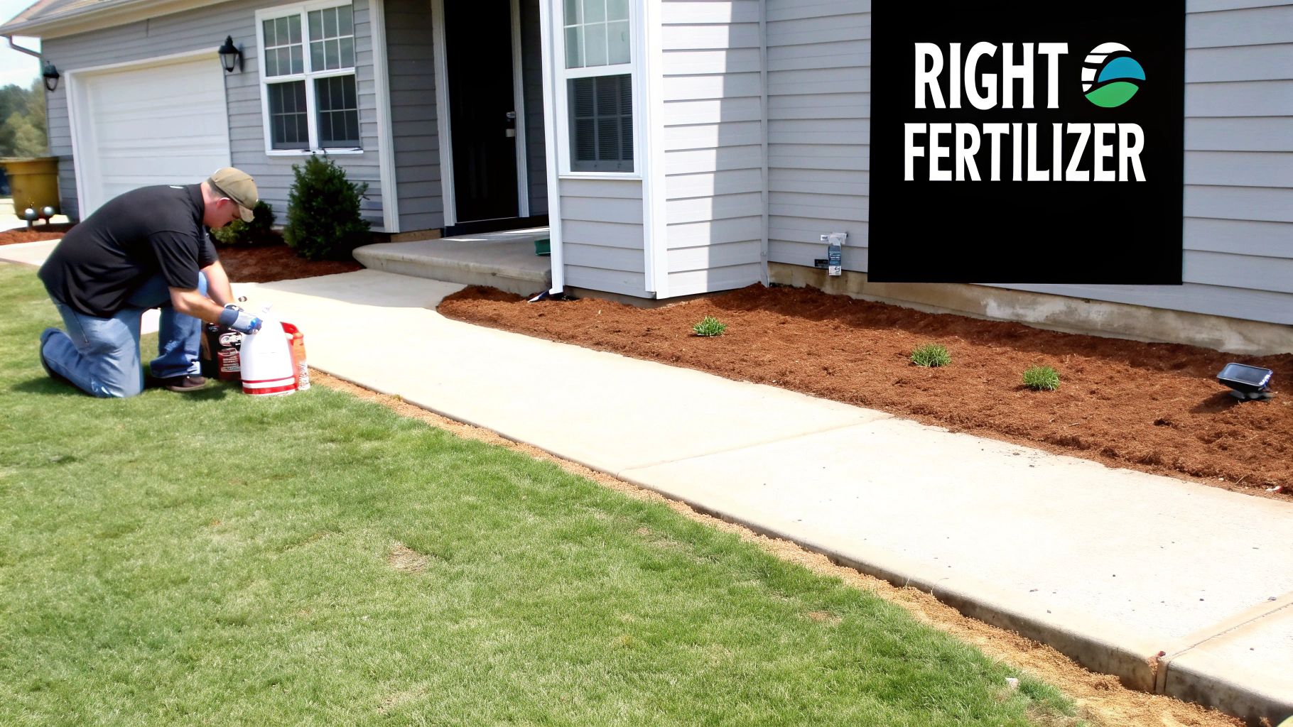 A man kneels on a green lawn, preparing liquid fertilizer next to a sidewalk and a house.