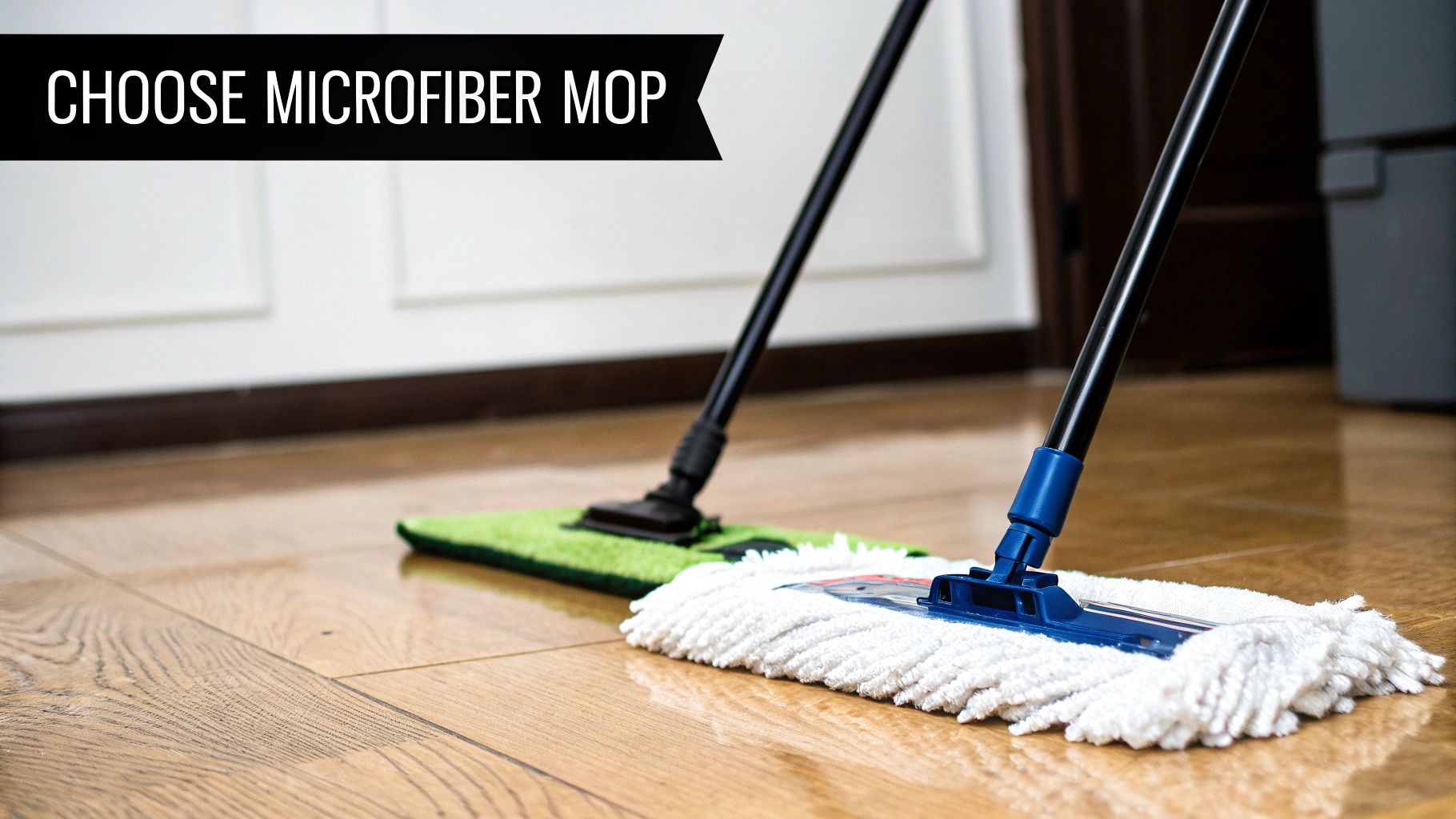 Two mops on a wooden floor, one green microfiber flat mop and one white string mop, with a text overlay 'CHOOSE MICROFIBER MOP'.