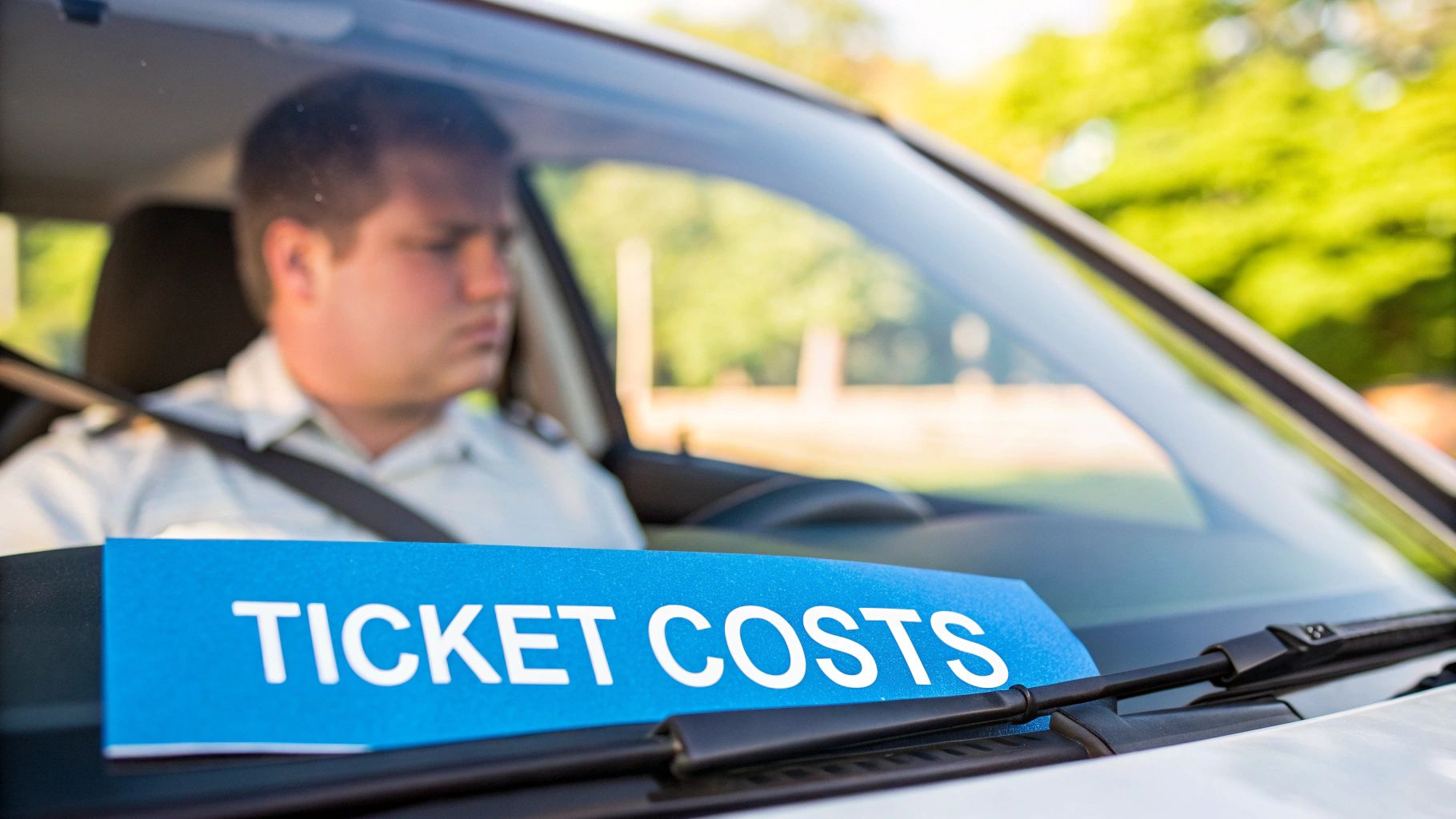 A man sits inside a car with a clear 'TICKET COSTS' sign on the dashboard.