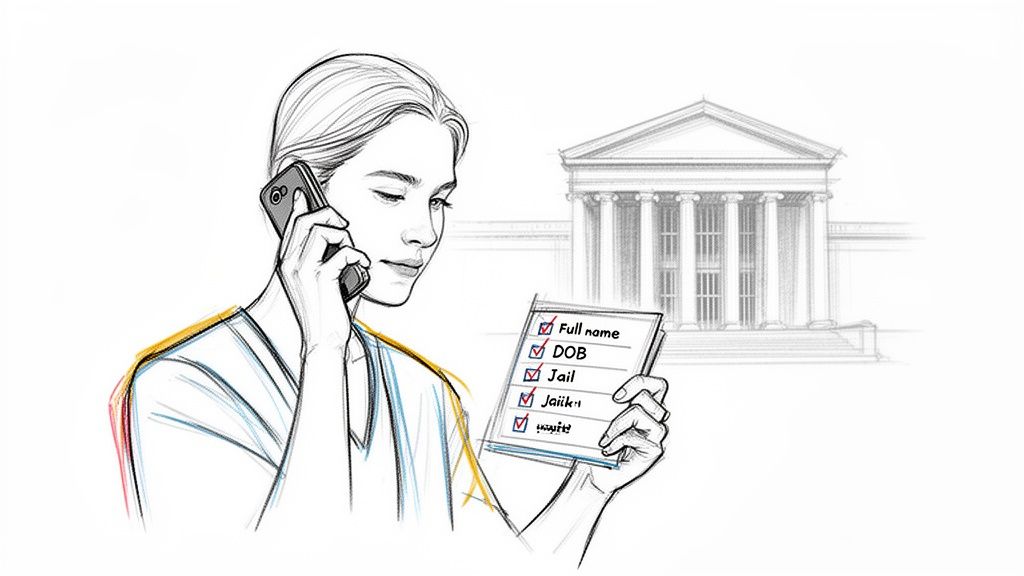 A person on the phone holding a checklist (full name, DOB, jail) with a courthouse in the background.