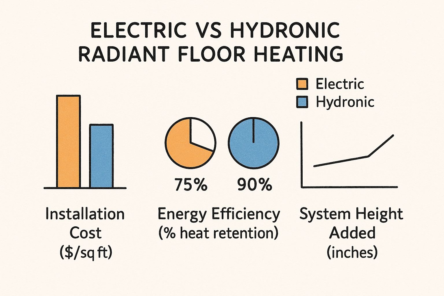 Infographic comparing installation cost, energy efficiency, and system height of electric vs hydronic radiant floor heating.