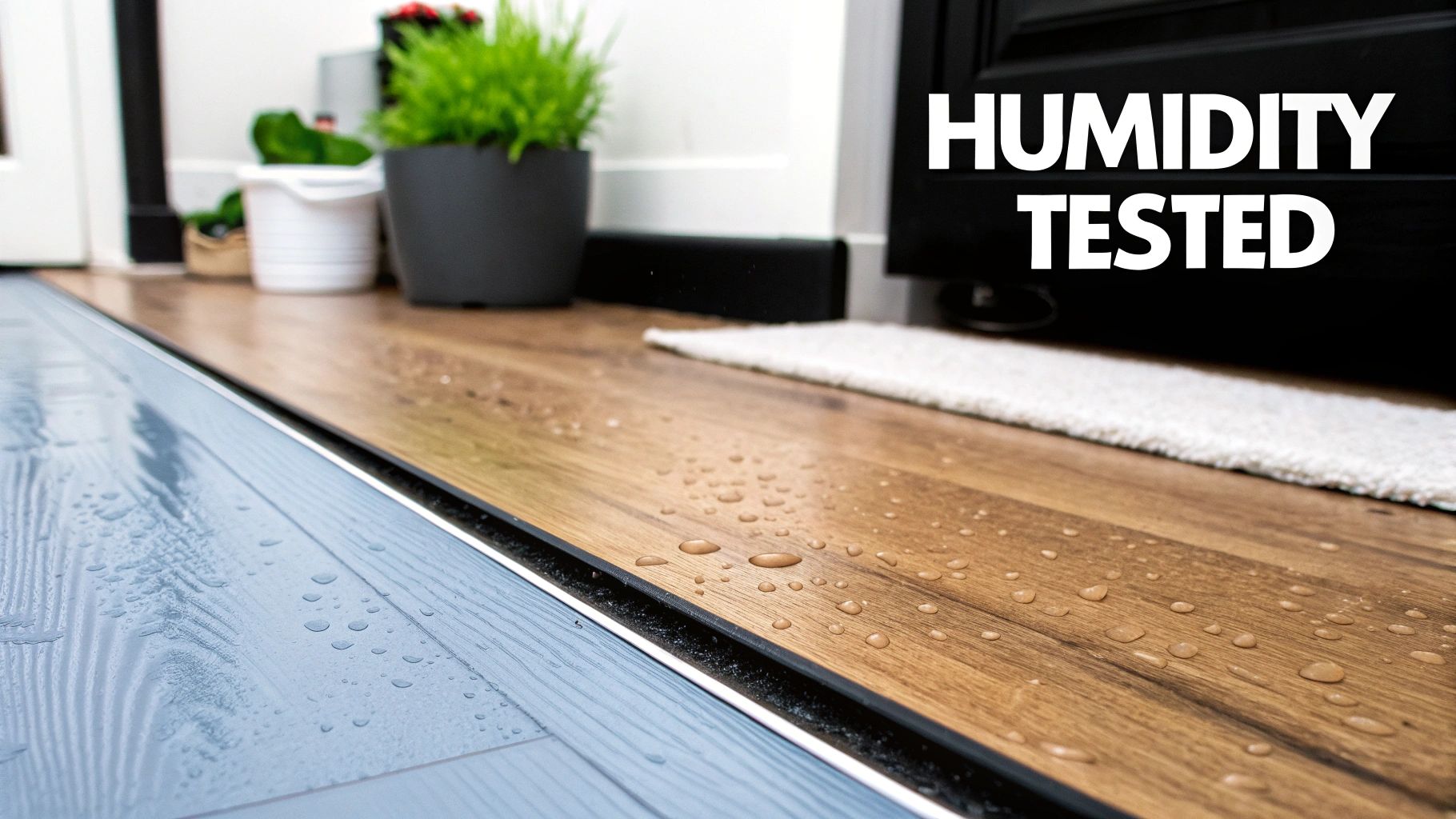Water droplets on brown wood-look and grey vinyl flooring, highlighting its humidity tested properties.