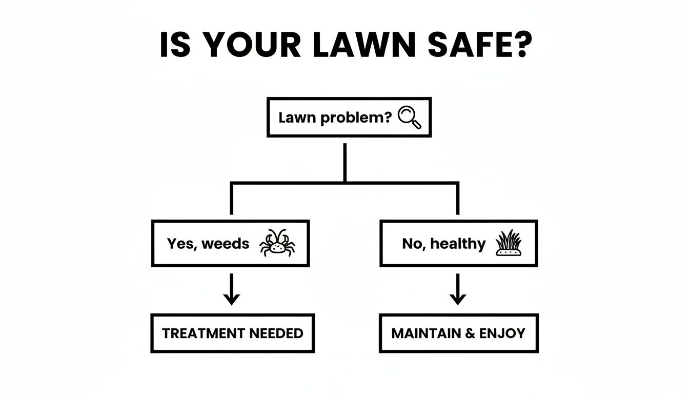 A flowchart titled 'IS YOUR LAWN SAFE?' guides users on whether their lawn has problems, leading to treatment or maintenance.