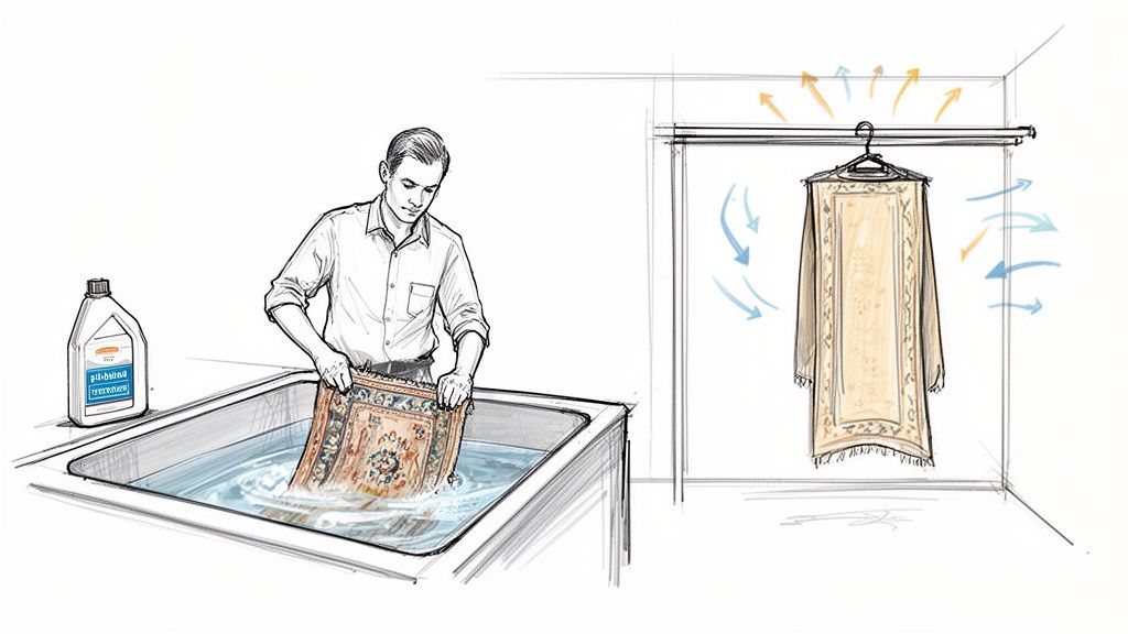 Illustration of a man washing a patterned rug in a tub, and another rug air-drying.