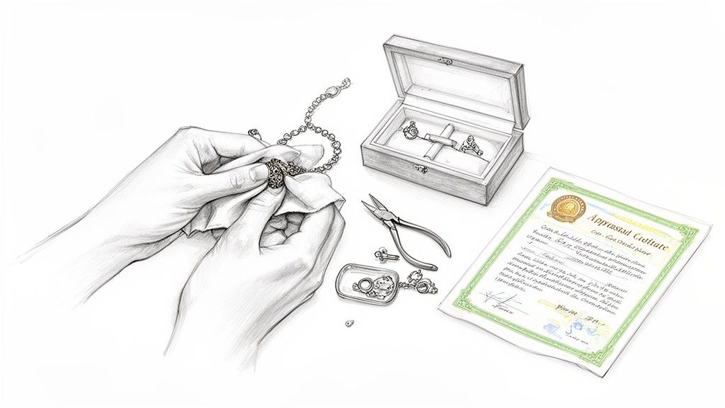 Illustration of hands meticulously cleaning an ornate antique silver bracelet with a cloth, alongside a jewelry box, tools, and an appraisal certificate.