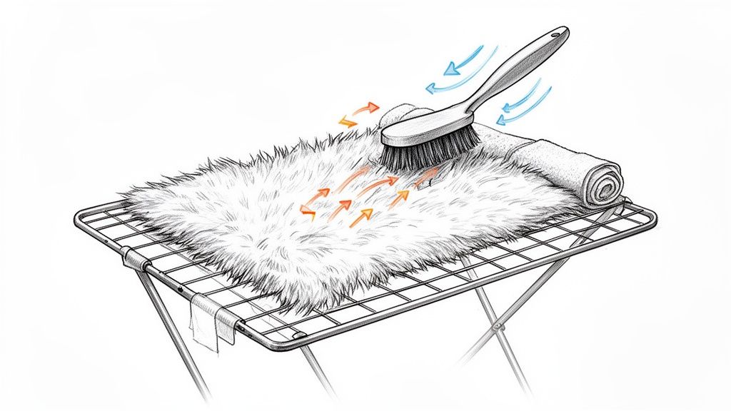 Illustration showing a faux fur rug being brushed and air-dried on a metal drying rack.