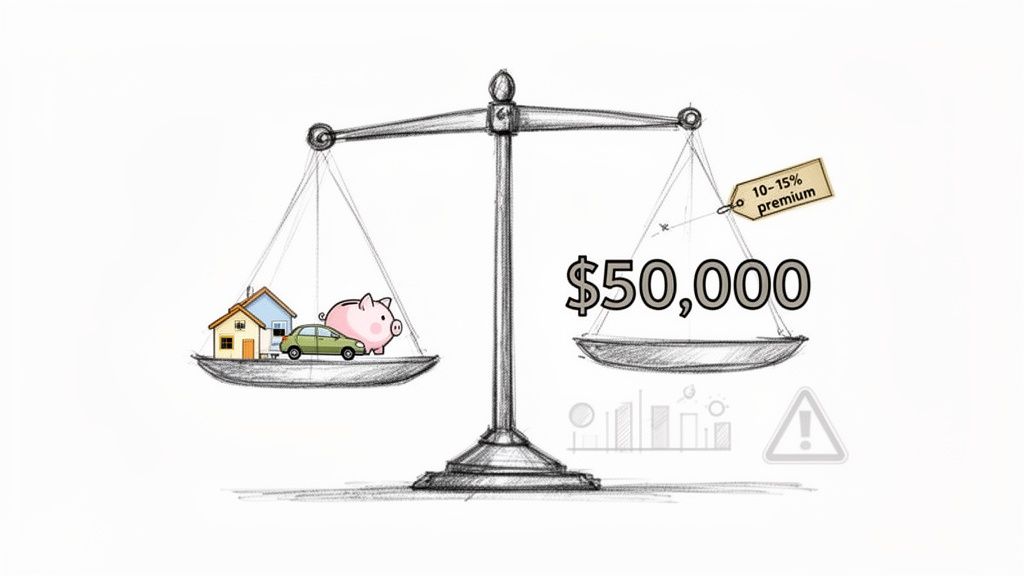 A balance scale weighing houses, a car, and a piggy bank against $50,000 with a 10-15% premium.