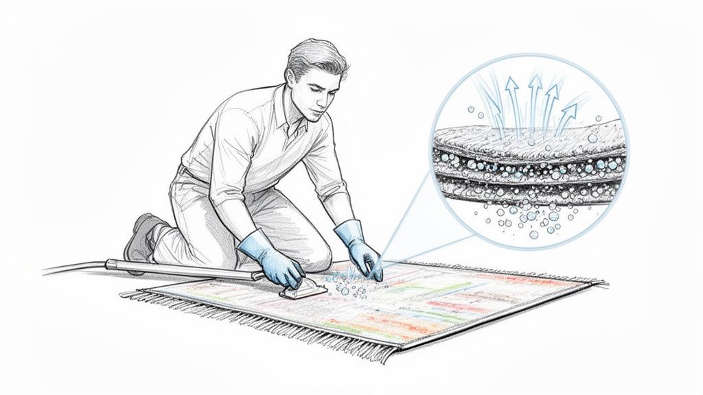 Man professionally cleaning a colorful rug with a specialized tool, showing deep cleaning action with bubbles and evaporation.