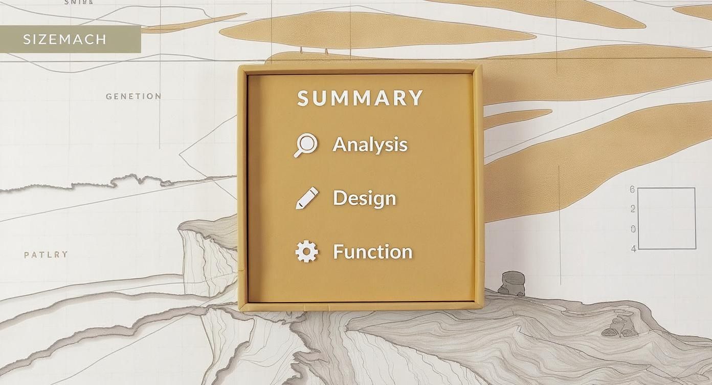 Three-dimensional summary diagram showing analysis, design, and function layers over topographical rock landscape background