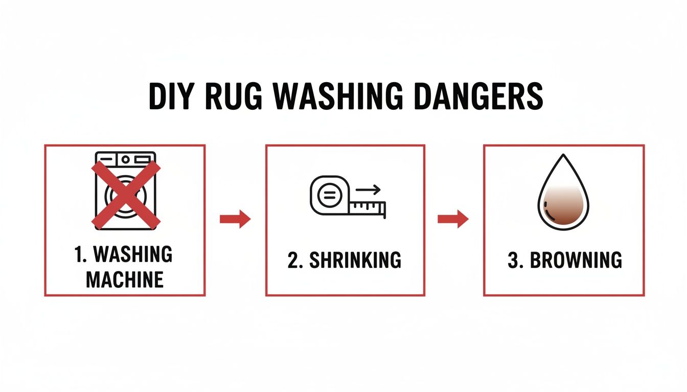 Diagram illustrating three dangers of DIY rug washing: machine washing, shrinking, and browning.