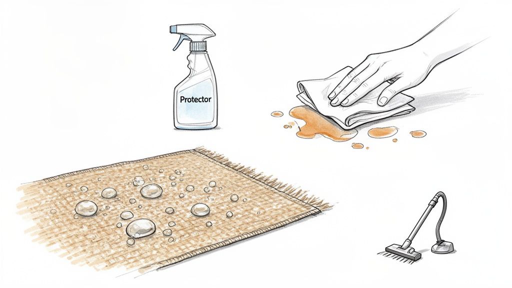 Illustration showing steps for protecting and cleaning a woven rug: spray protector, water beading, wiping spills, and vacuuming.