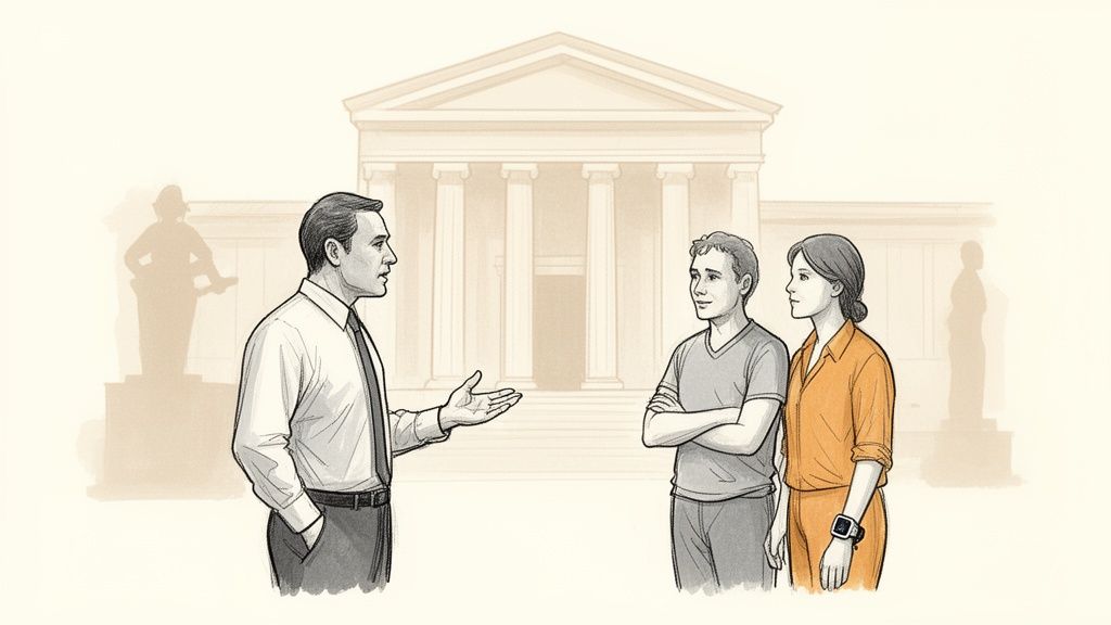 An illustration of a man speaking with a young man and a woman wearing an ankle monitor outside a courthouse.