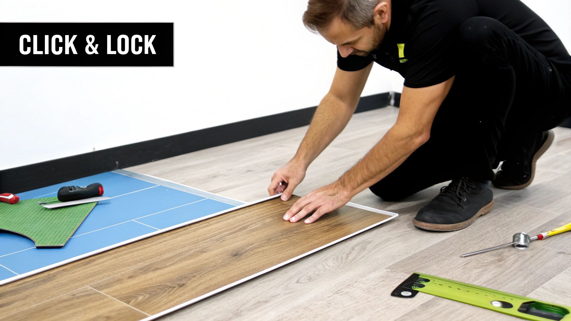 People installing click lock vinyl flooring planks