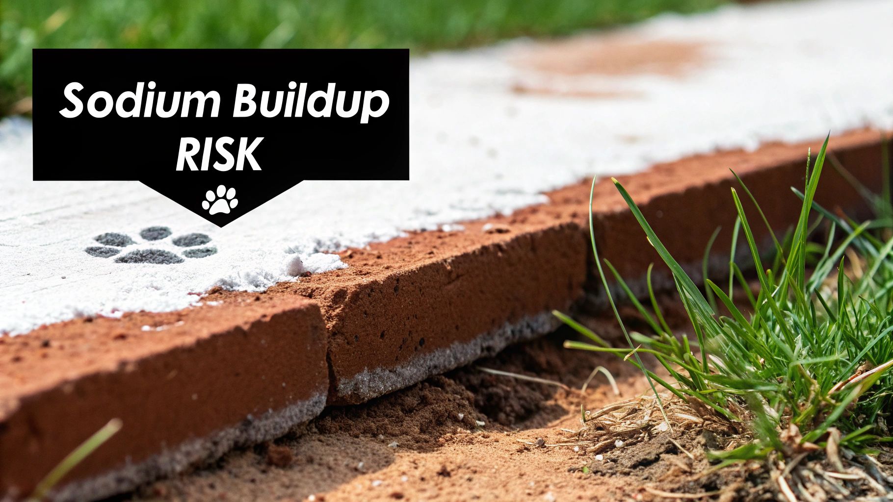 Salt accumulation on brick pavement near grass showing sodium buildup risk from pet paw prints